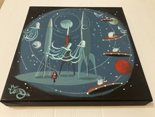 EL GATO GOMEZ PAINTING RETRO ATOMIC SAUCER ROCKET PLANET MID-CENTURY picture
