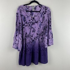 Catherines Pleated 3/4 Bell Sleeve Tunic Size 2X Purple Floral Keyhole picture