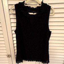 J.CREW Black Floral Lace Sheer Blouse Ruffle Round Neck Button Back M picture