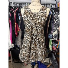 Japna Leopard Print Tiered Mini Dress Sleeveless Cotton Tie Front Brown Large picture