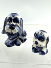Vintage Russian Gzhel Handmade BLUE & WHITE Porcelain Dog Figurines Set of 2 picture