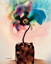 Tonito Original Painting.Incredible Organic fluid ink art.BLUE Petal Flower picture