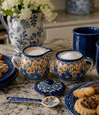Bolesławiec Unikat Secret Blue Garden Polish Pottery Cream/Sugar/Spoon #4816 New picture