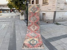 Vintage Turkish Runner Rug 3x12.2 ft Faded Red Blue Wool Distressed Carpet picture