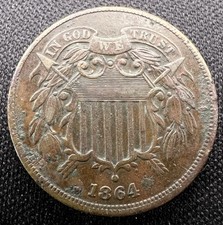 1864 Two Cent Piece Civil War Era 2c Lg Motto - AU+ Choice Brown Tone, Corrosion picture