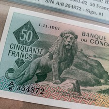 Congo 50 Franc Banknote 1962 P5a UNC PMG 64 EPQ Majestic Lion Currency B999 picture