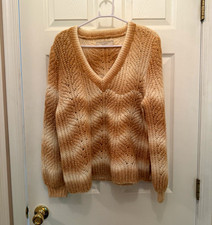 LOFT Brown Ivory Striped Knit Pullover Sweater L V-Neck Long Sleeve picture
