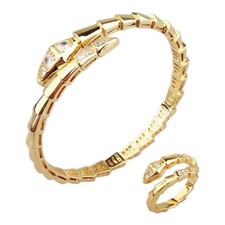 Gold Snake Bracelet & Ring Set Adjustable Crystal Serpent Bangle picture