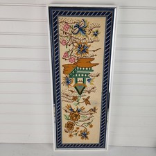 Vintage Chinese Asian Pagoda Floral Needlepoint Framed Wall Art Tapestry Mid picture