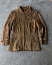 Vintage 70s Suede Leather Jacket Womens S Tan Zip Belted Buckle Peplum Safari picture