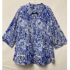 New Catherines Button Down Shirt 4X Blue Floral Artsy Cotton 3/4 Sleeve Top picture