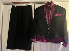 Windsmoor 3pc Skirt Suit Size 14 Wool Cashmere Black Magenta Polka Dot Vintage picture