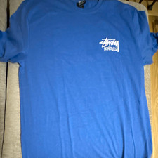 Stussy Men’s Honolulu Blue Graphic Logo Knit Crew Neck T-Shirt Size L picture