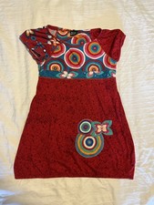 Desigual Red Boho Dress With Colorful Circles & Butterfly Patch Size 8 CG51 picture