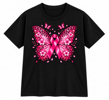 Breast Cancer Awareness T-Shirt, Pink Ribbon Butterfly Floral Graphic Tee picture