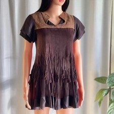 NWT Vintage Y2K ANAMIKA Sheer Brown Fringe Tunic Top Short Sleeve Boho US Size 6 picture