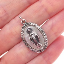 925 Sterling Silver Antique Art Deco Real MOP & Marcasite St. Mary Charm Pendant picture