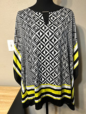 Dana Buchman Women’s L Geometric Tunic Top Black White Yellow Batwing Blouse picture