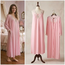 VTG 60s Komar Floral Pink House Peignor Dress Cottage Coquette Victorian Set L picture