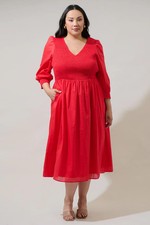 SUGARLIPS Curve NWT $105 Zelda Smocked Cotton Voile Midi Dress in Red Size 2X picture