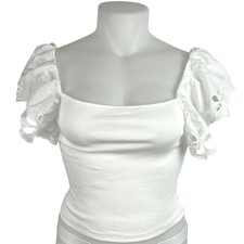 NEW H&M White Ribbed Knit Flutter Sleeve Floral Embroidered Blouse Top Size XL picture