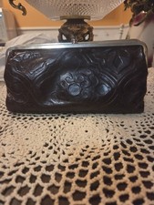 Vintage HOBO International Lauren Double Kiss Lock Clutch Wallet – Tooled... picture