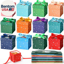 60 Christmas Gift Boxes 4x4x4 with Lids Ribbon 12 Holiday Designs picture