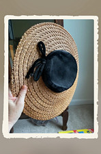 Vintage Straw Cartwheel Hat Black Velvet Crown & Bow 1930s–50s MAKE OFFER picture