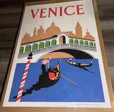 Vintage 1983 Venice Tourism Travel Art Poster Boats Canal Bridge 32x22 picture