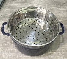 Staub 5Qt Blue Enamel Cast Iron Dutch Oven w/ SS Steamer Insert, France picture