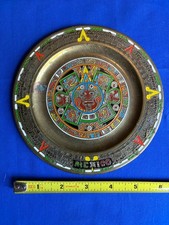 Vintage Mexican Mayan Aztec Brass Enamel Calendar Wall Hanging Plate Mexico 6