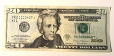 2017A $20.00 Bill Rare 3 Digit Trinary Note Ultra Low Serial Number PK00000407J picture