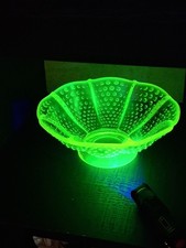 Vintage Fenton Glass Vaseline Uranium Opalescent Hobnail Green White Fruit Bowl  picture