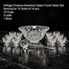 Vintage Fostoria American Glass Punch Bowl Set 12 Cups Ladle 14 Pc picture