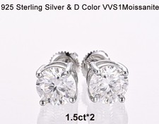 1.5 ct Moissanite Screw Back 925 round Solitaire Stud Earrings GRA Certified vvs picture