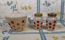 1950's Fire King Red Polkadot Grease Jar And Salt Pepper Shakers some paint loss picture