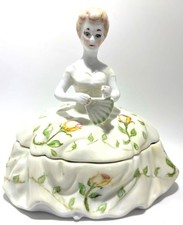 Vintage Hand-Painted Porcelain Southern Belle Half Doll Powder Trinket Box Signe picture