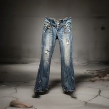 Almost Famous Low Rise Blue Bootcut Jeans Size 11 Distressed Stretch Rhinestone picture