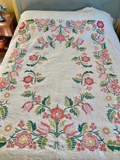 Antique PA Dutch QUILT handmade cross stitch Floral Queen 92