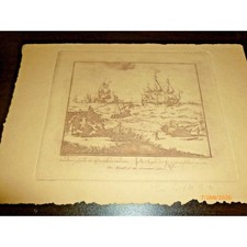 Antique Etching Arrival of the Greenland Whalers Arctic Ships Port Scene W. 6x8 picture