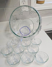 Vintage Clear Pressed Glass Grapevine Punch Bowl Set 11-Piece Round Decorated picture