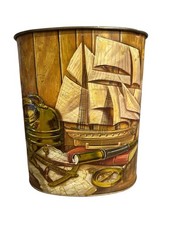 Vtg Weibro Nautical Ship Embossed Gold Tone Metal Wastebasket Trash Can picture