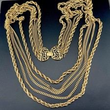 Vintage Monet Layered Necklace Multi Chain Bib Runway Gold Tone 60s Signed 27” picture