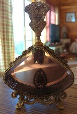Vintage Large Beveled Glass Floral Gold Gilt Brass Ormolu Footed Perfume Bottle picture