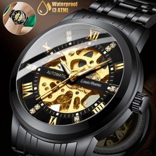Men's Luxury Stainless Steel Gold Tone Skeleton Automatic Mechanical Wrist Watch picture