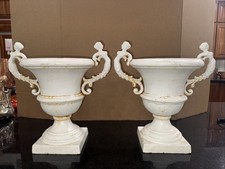 Gorgeous Pair 15” Neoclassical Cast Iron Planters With Ornate Handles. White picture
