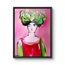 Aleph Original 9x12 Expressionist Woman Green Sculptural Hat Painting Signed picture