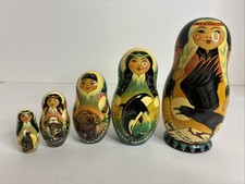 Russian Signed Matryoshka Nesting Dolls Inuit Native American Alaska 5 Lot picture