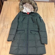 Nautica Vintage Down Puffer Jacket Women Medium Green Sherpa Hood Long Parka picture