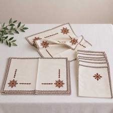 Vintage 17 Pc Ukrainian Balkan Hand Embroidered Linen Table Set Reversible picture